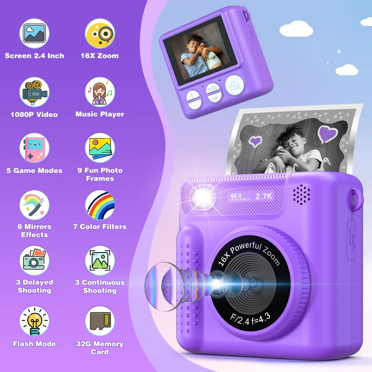 VATOS Kinderkamera Sofortbildkamera 2.4" 1080P 32GB Wiederaufladbare Digitalkamera mit Musik-Player