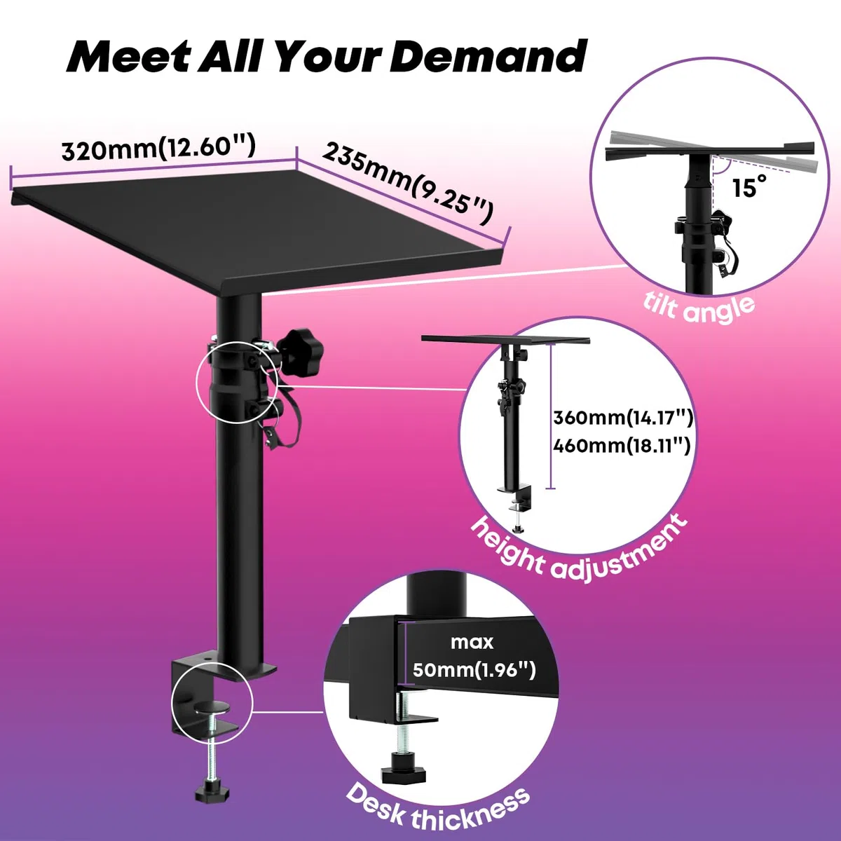 Lautsprecher ständer Paar Höhenverstellbar Neigbar,Boxenständer mit Tischklemme,Anti-Rutsch-Pad,Speaker Stand Tragfähigkeit bis zu 15 kg,Ideal für Schreibtisch,DJ Tisch oder Tonstudio