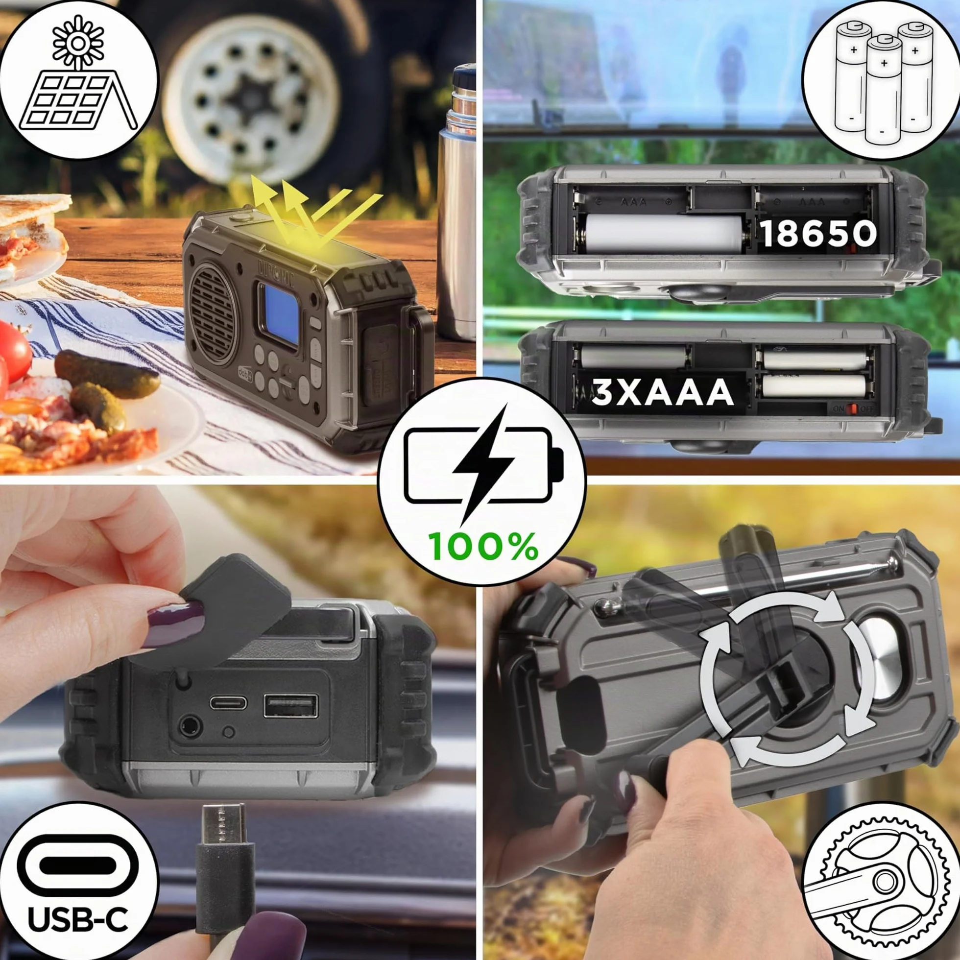 Duronic SDAB1 Kurbelradio, Tragbares Solar Notfall DAB FM Radio mit LED Licht und Kurbel, Batteriebetrieb und 2000mAh Powerbank, Bluetooth Speaker
