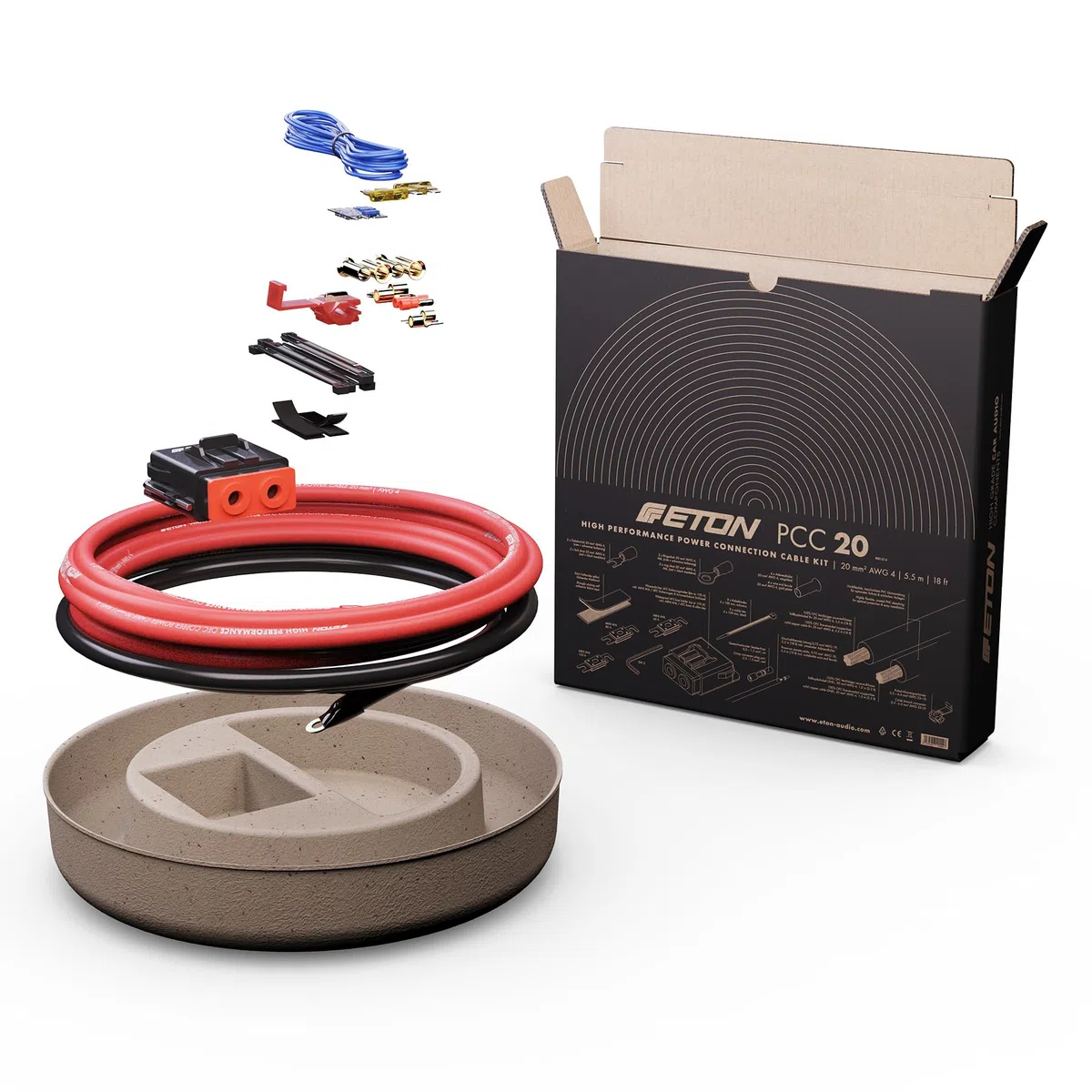 ETON PCC 20 – Hochwertiger Strom Anschluss Kabelsatz, 20 mm², Set zur Installation von Auto Verstärkern und Aktiv Subwoofern, Powerkabel Kit mit Sicherungen für Car HiFi Endstufen