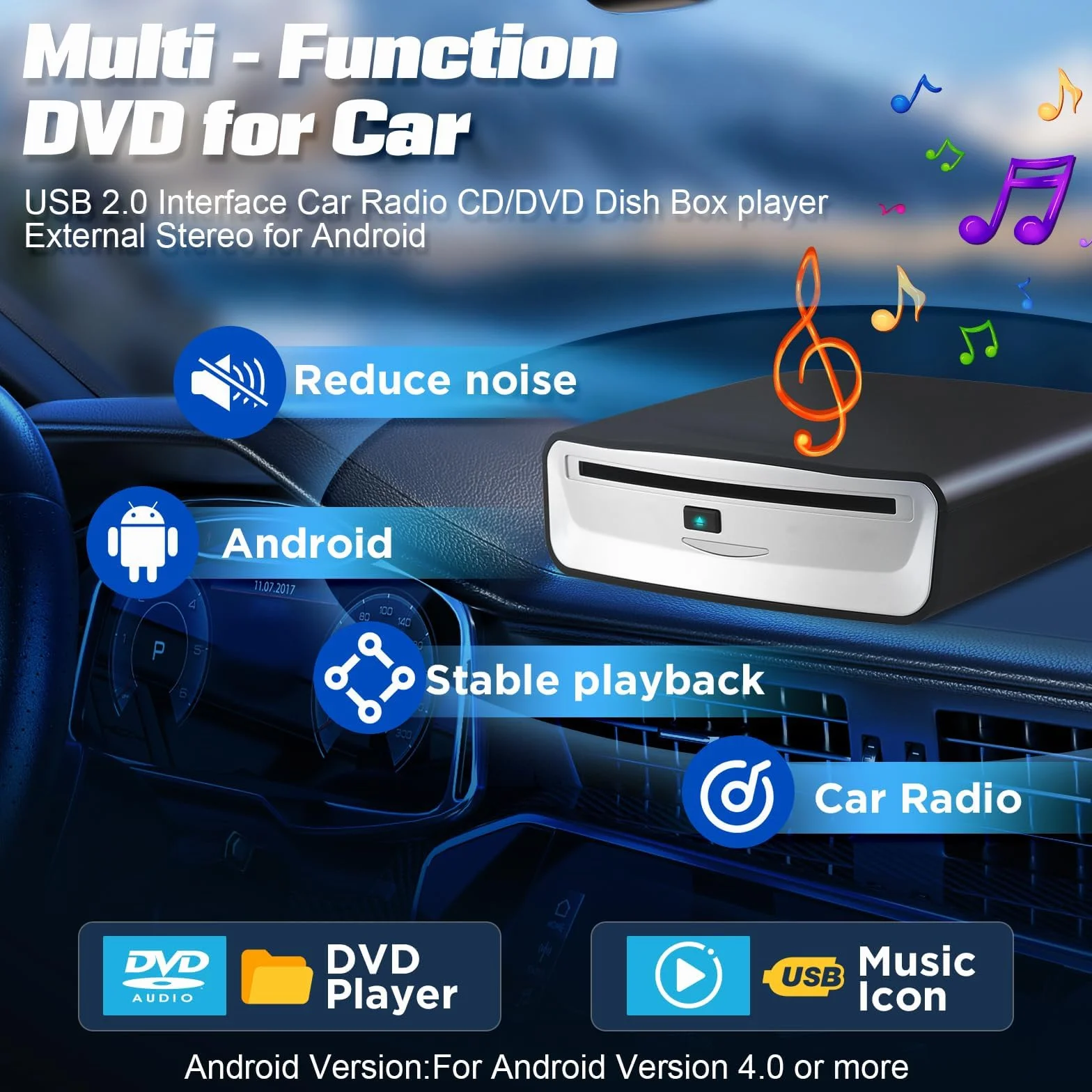 USB Externer DVD CD Player für Auto - Plug & Play CD-Laufwerk mit USB Anschluss, Tragbares Optisches Laufwerk für Auto Radio, Multimedia-Player
