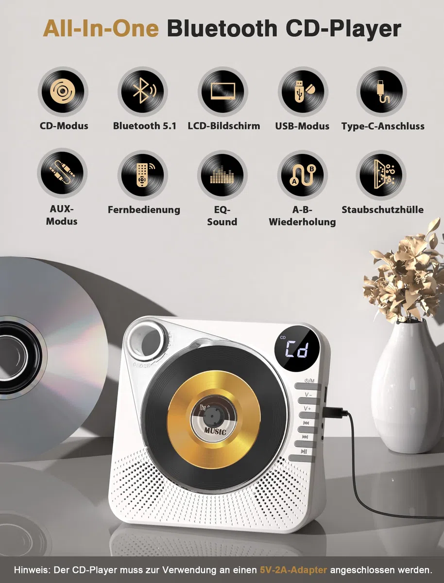 Greadio CD Player Tragbar mit Bluetooth 5.1, Kinder CD Spieler mit Lautsprecher, Fernbedienung, HiFi-Sound, Staubschutz, AUX/USB-Wiedergabe, Tragbarer cd Player für Zuhause (Weiß)