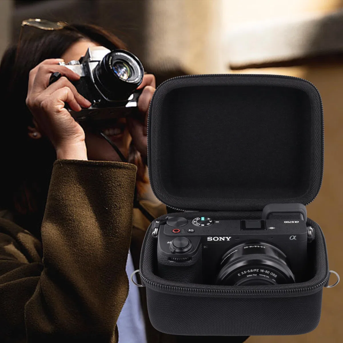 Aenllosi Harte Hülle für Sony Alpha 6000 6300 6400 6500 6700 mit 16-50mm Objektiv Systemkamera, Schwarz (Nur Tasche)