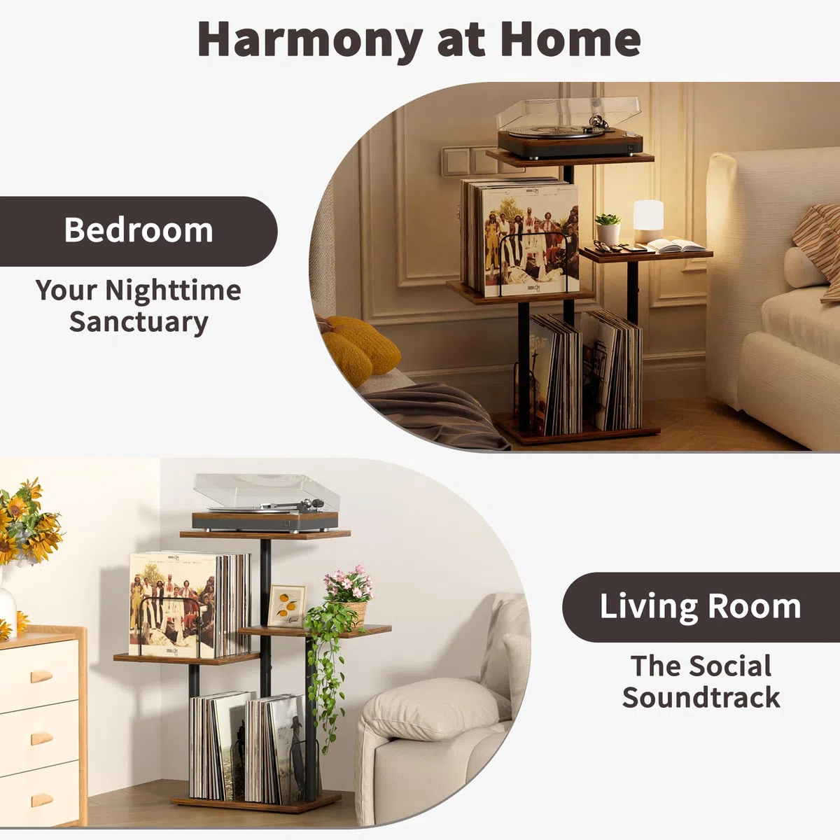 Bikoney Plattenspieler-Ständer mit Vinyl-Aufbewahrung, Holz-Tisch für Plattenspieler mit LP-Regal, Schallplatten-Organizer und Display für Kleine Räume, Wohnungen, Schlafzimmer und Wohnzimmer