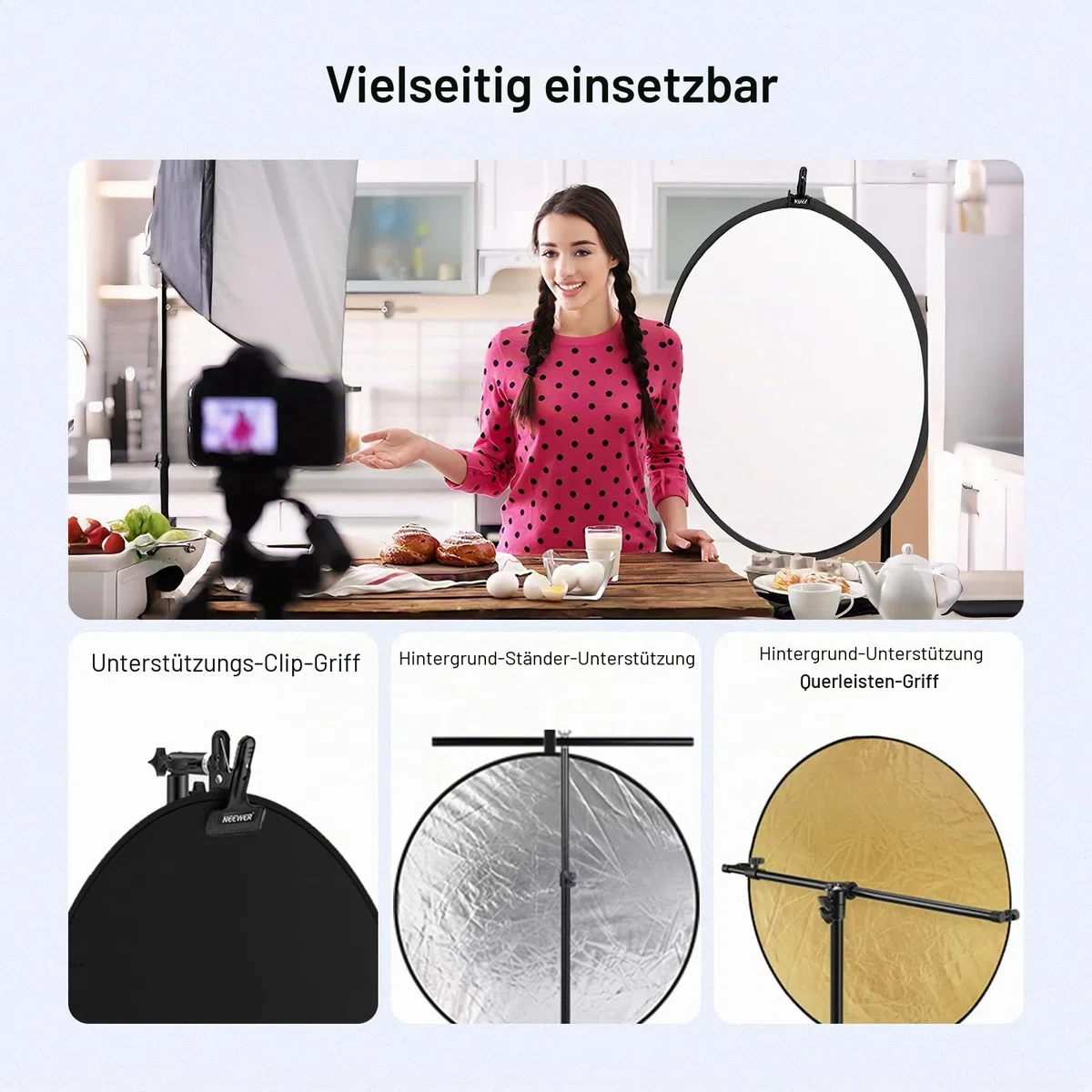 NEEWER 110cm Lichtreflektor Diffusor 5 in 1 Faltbare Multi Disc mit Tasche - Durchscheinend, Silber, Gold, Weiß und Schwarz, Fotoreflektor für Studio Fotografie Beleuchtung im Freien, RF-110