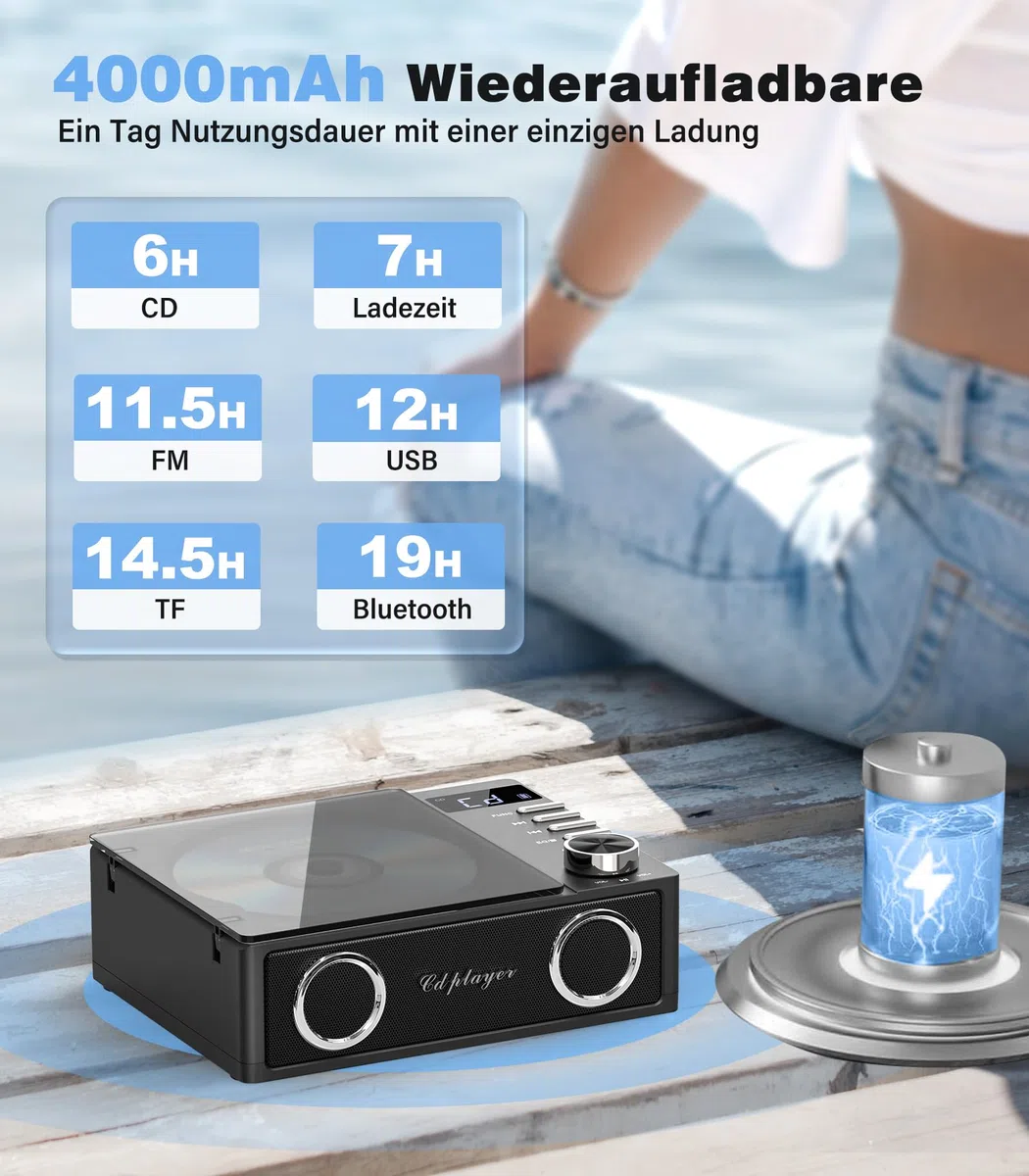 Greadio CD Player Tragbar mit Bluetooth 5.3, 4000mAh Wiederaufladbarer CD-Player mit Fernbedienung, HiFi-Sound-Lautsprecher, unterstützt USB, TF, AUX, LED-Display für Zuhause/Auto/Geschenk