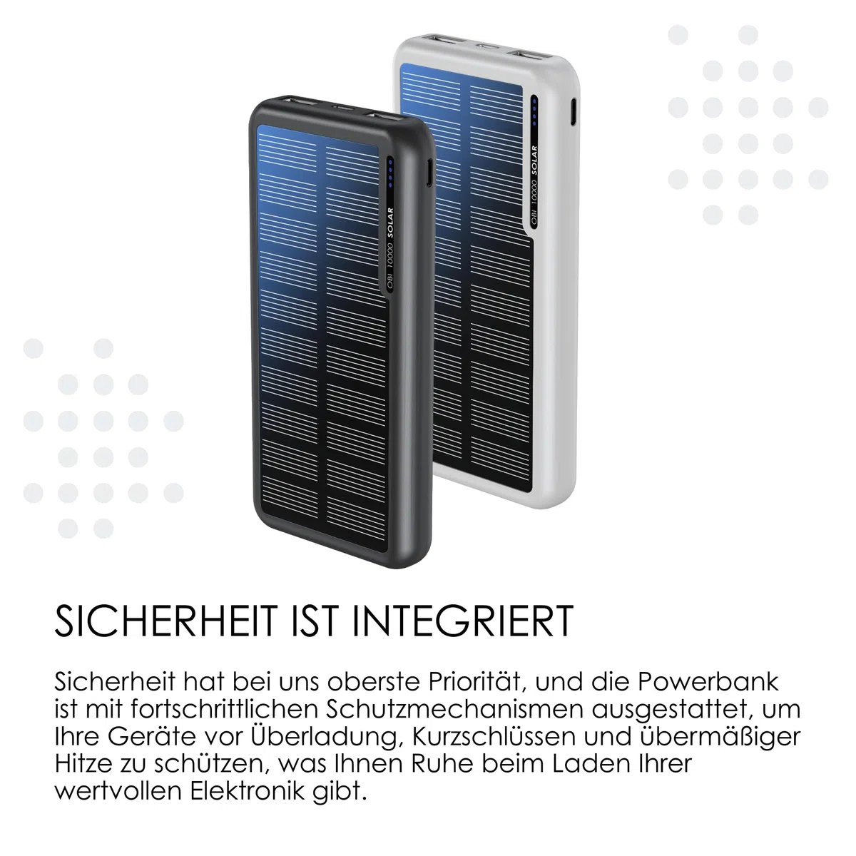 Boompods Obi Solar 10000mAh Solar Powerbank - Schnellladendes Ladegerät mit USB-C & 2X USB-Anschlüssen, Outdoor Power Bank mit Solarpanel, Robuste Ladestation für Handy, Tablets und Reisen, Schwarz