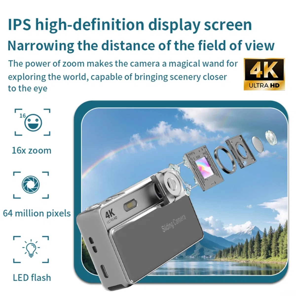 64 MP Kompakte Schiebe-Digitalkamera mit 16-fachem Digitalzoom, integriertem Blitz, fortschrittlichem Autofokus und 71,1 cm HD-Bildschirm für Schüler (Rosa)