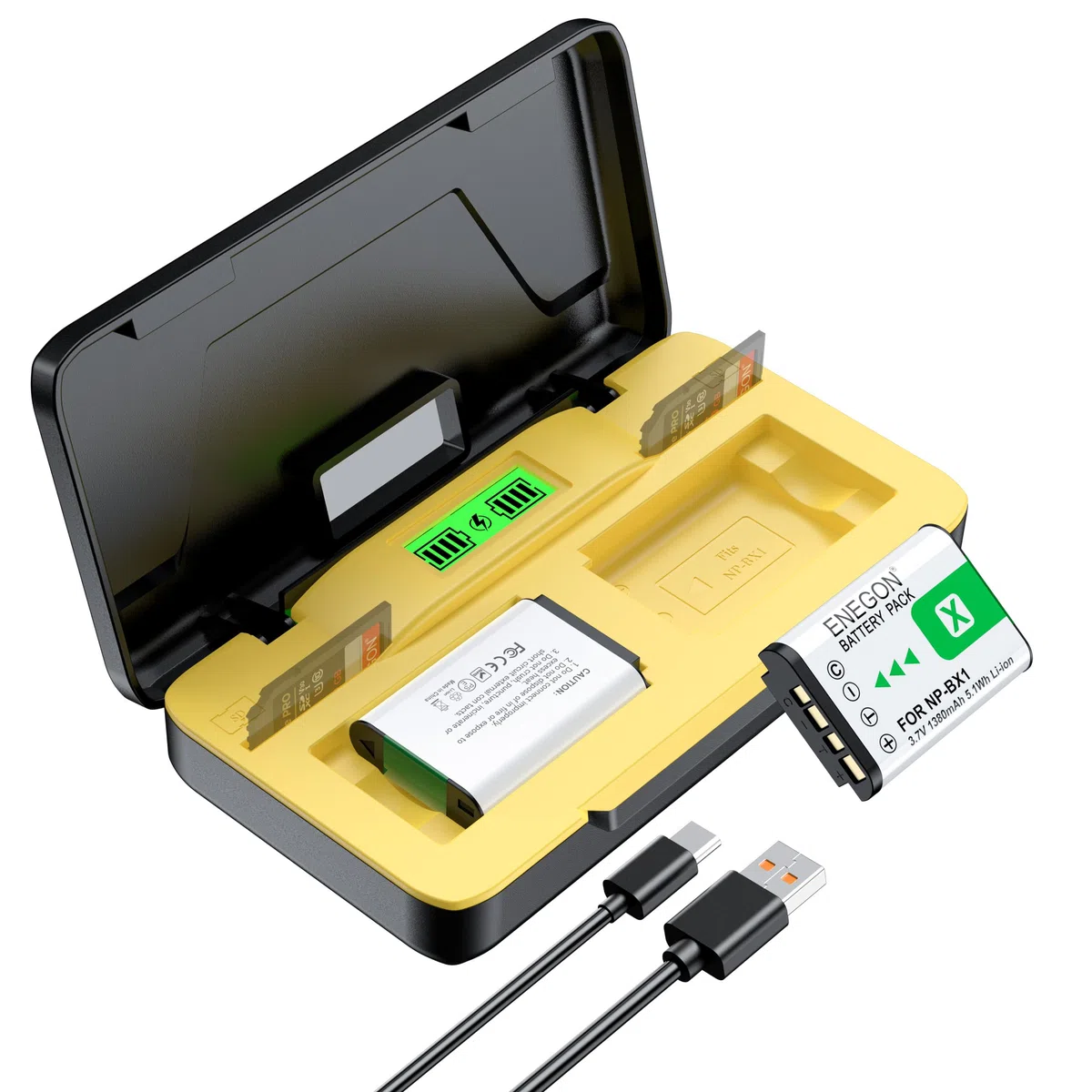 ENEGON NP-BX1 Akku (2 X 1380mAh) + LCD-aufbewahrendes Ladegerät (SD) für Sony NP-BX1 und ZV-1/ZV-1 II, DSC-RX100, DSC-RX100 VII/VI/V/IV/III/II/VA (M7-M2), HDR-CX405, FDR-X3000, HX300