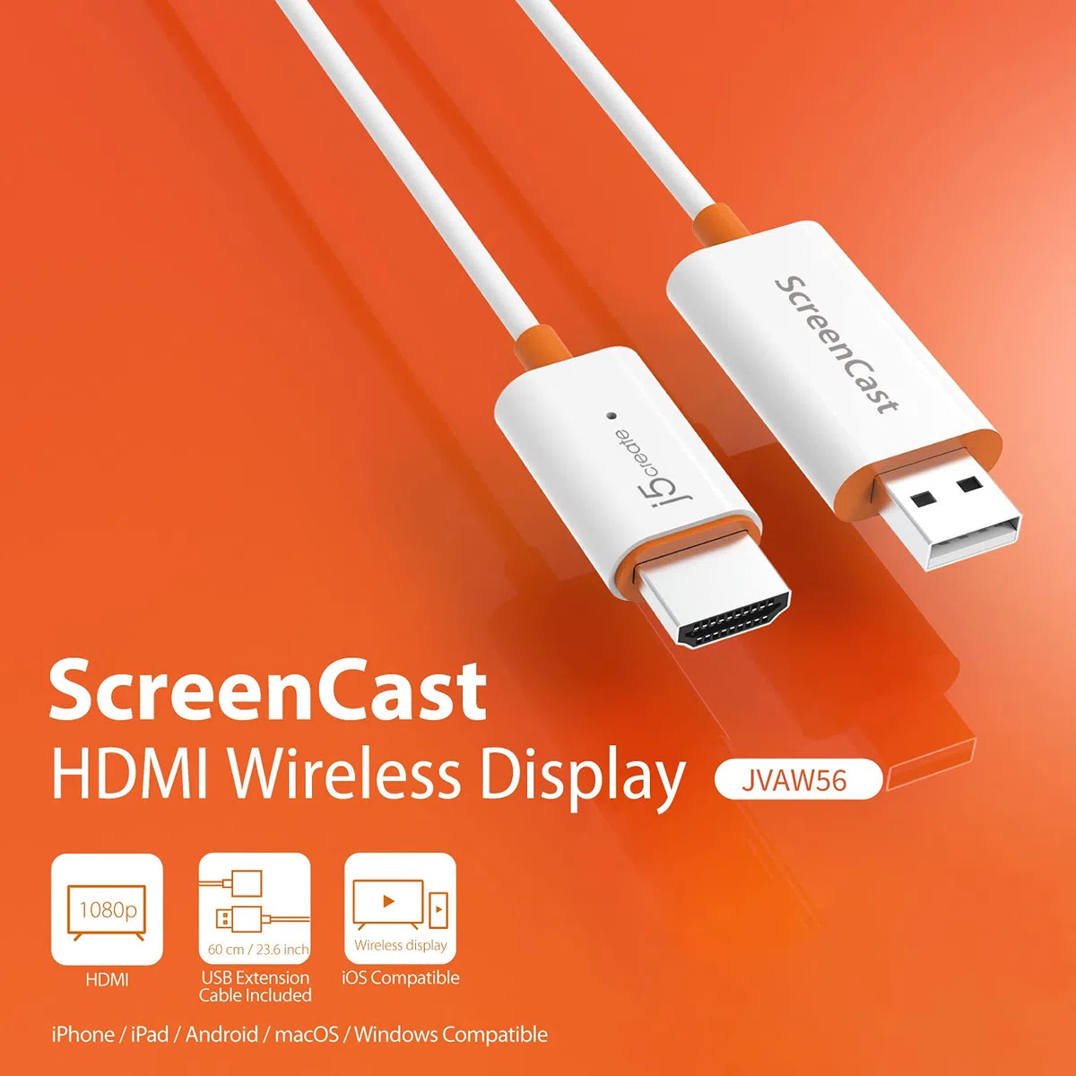 j5create ScreenCast HDMI Wireless Display Adapter Receiver - Spiegelt Telefon, Tablet, Laptop auf HDTV - Kompatibel mit MiraCast, AirPlay, Android, Windows 10 PC, iOS, iPhone, Tablet (JVAW56)