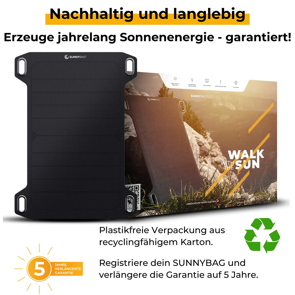 Sunnybag Leaf mini | 5 Watt Tragbares Solarpanel | Wasserfest, Ultraleicht 158g | Solarladegerät USB-Anschluss für Smartphone | Für Wandern, Camping