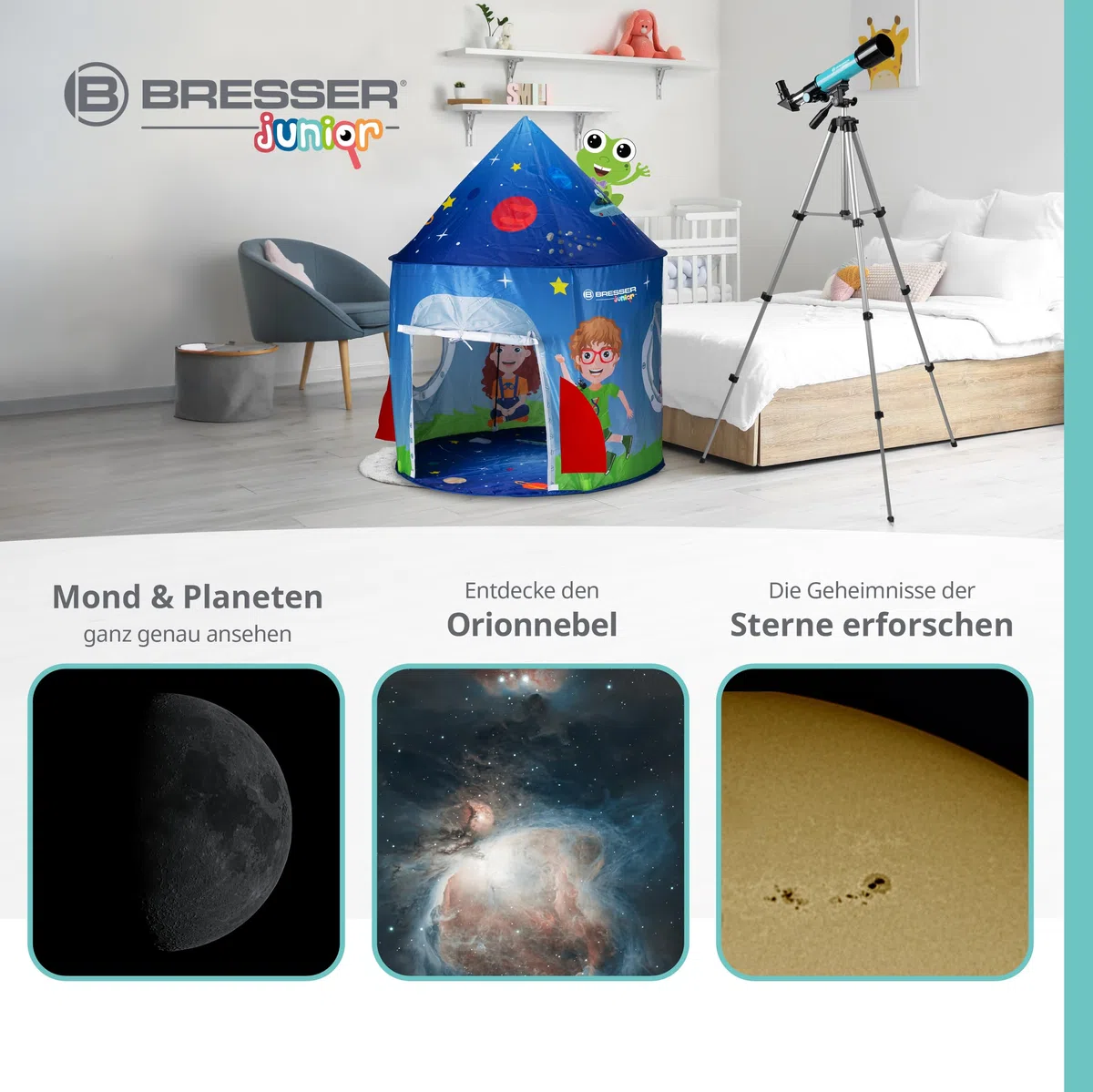 Bresser Junior Linsenteleskop 50/360 für Kinder - Astronomie Einsteigerset mit Zelt, Refraktor Teleskop, Stativ, Azimutale Montierung, Okulare und Zenitspiegel ,blau