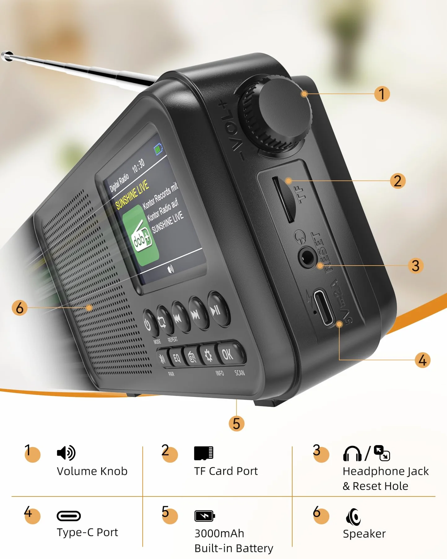 Tragbares DAB+ Radio mit Bluetooth, UKW/DAB Digitalradio mit 2,4" Farbdisplay, 80 Senderspeicher, 3000mah Akku oder Netzbetrieb, Support TF-Karte/Wecker/Sleeptimer/Klinken, Für Küche, Camping, Garten