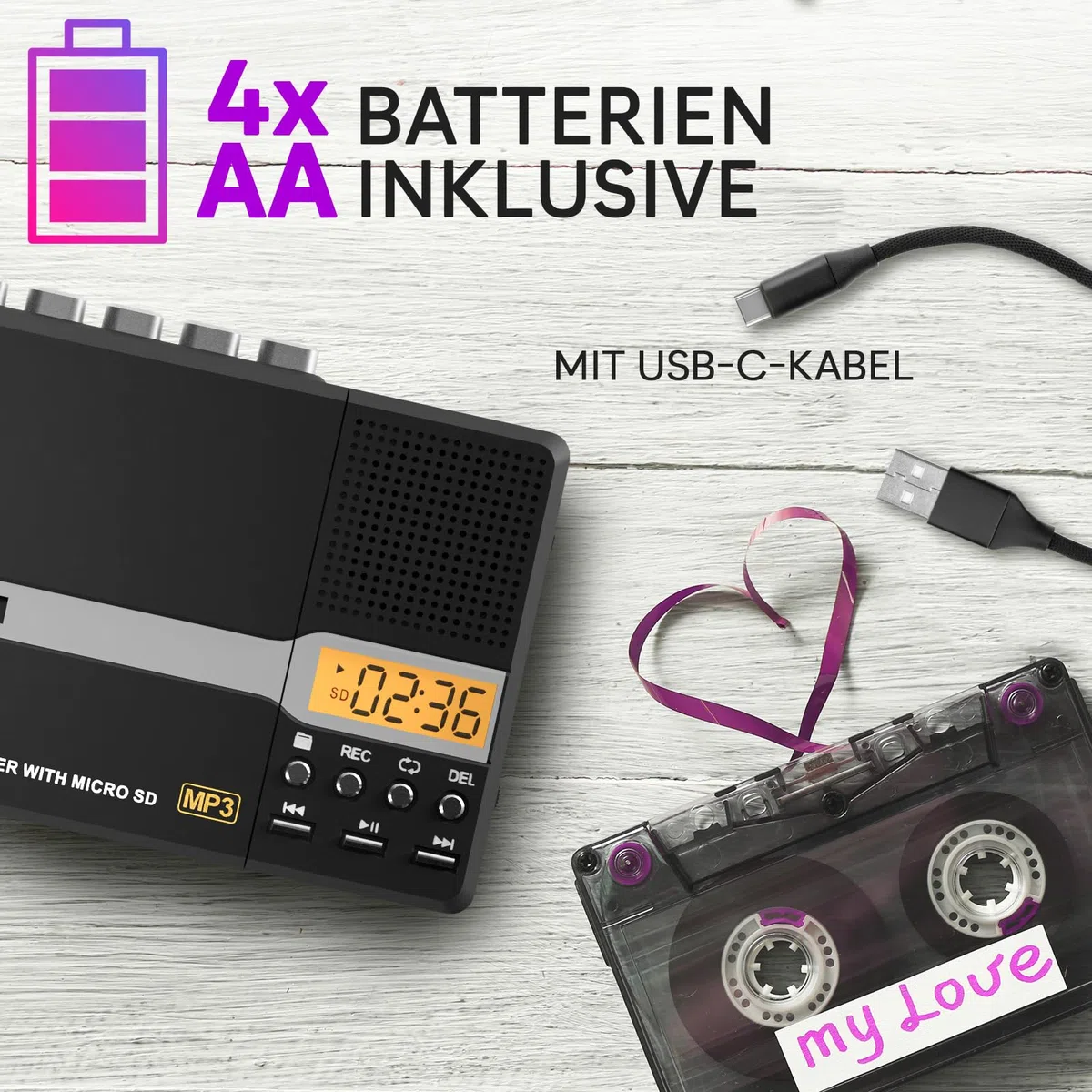 KLIM K10 Tragbare Kassettenspieler & Kassettenrecorder, Cassette Player & Kassette zu MP3 Konverter + Eingebautes Mikrofon & Lautsprecher + USB PC Transfer + Batterien/USB + 8GB SD Karte + Kopfhörer