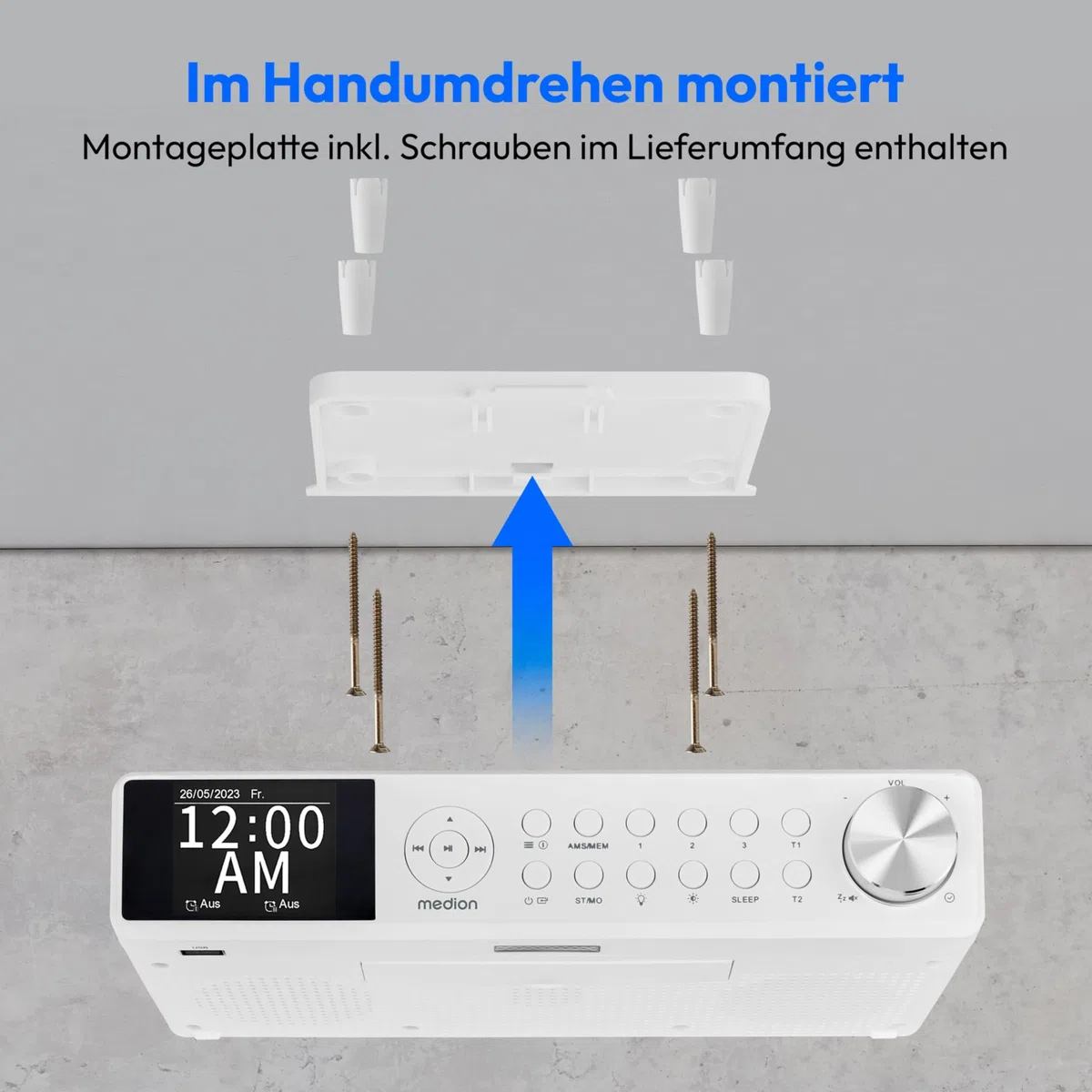 MEDION P66750 Küchen Unterbauradio (DAB+ Küchenradio, PLL UKW Radio, dimmbares TFT Farbdisplay, Koch Timer, Bluetooth, LED Leiste, inkl. Montagematerial) weiß