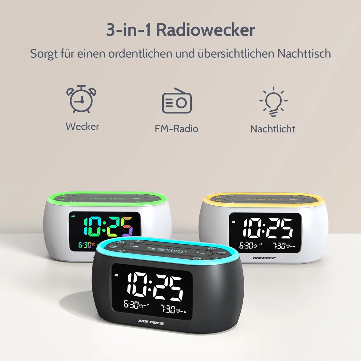 BUFFBEE Radiowecker mit Dualalarm und FM Radio, Digitaler Wecker mit 7 Farben Nachtlicht und 0-100% dimmbarem Display, 3 Wecktöne, für Schlafzimmer und Nachttisch