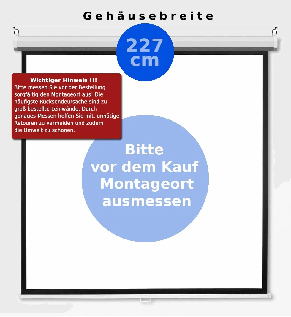 SlenderLine EcoSmart Rolloleinwand 220x124 cm | 97 Zoll | 16:9 Format | GESAMTBREITE: 227cm | optimal für Smart & Mini Beamer | Heimkino Leinwand | Decke oder Wand | 8 Kant-Gehäuse